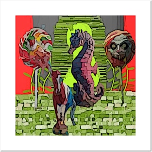 watercolor seahorse and horse lollipop horror Posters and Art